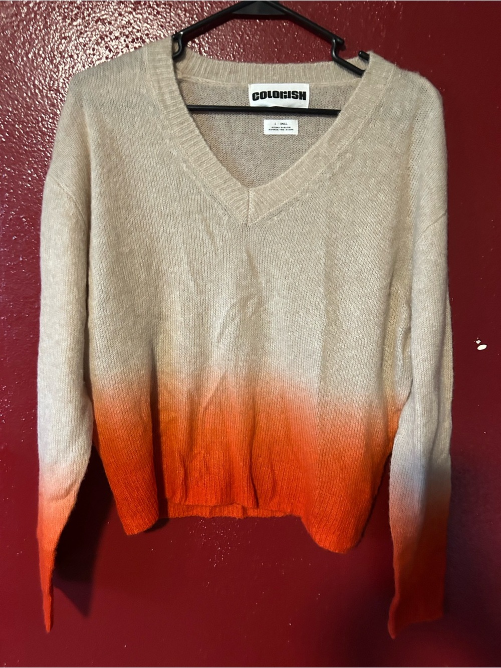 Colorush Women's Cashmere/Silk Beige-to-Orange Dip-Dye V-Neck Sweater